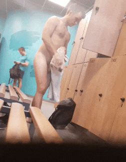 Hairy men naked in locker room