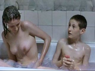 Girl and boy nude in bathroom
